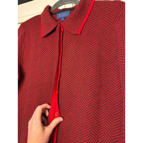 J. McLaughlin Red Black Pattern Long Sleeve Collared Sweater Cardigan Sz M Wool - Picture 3 of 6